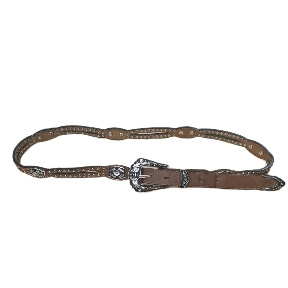 Vtg Nocona 3012044 Western Cut Away Brown Leather Studded Belt Adult Sz 36-40